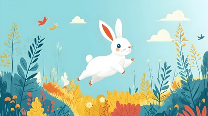Vibrant Digital Rabbit Hopping Through Cyber Forest Landscape