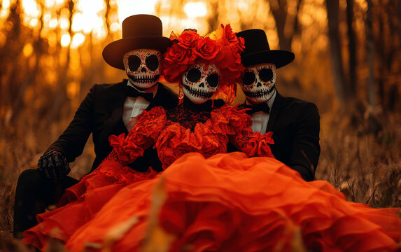 A striking portrayal of three elegantly dressed figures, each adorned with intricate skeleton face paint. Their vibrant attire celebrates the spirit of D?a de los Muertos amid a golden sunset.