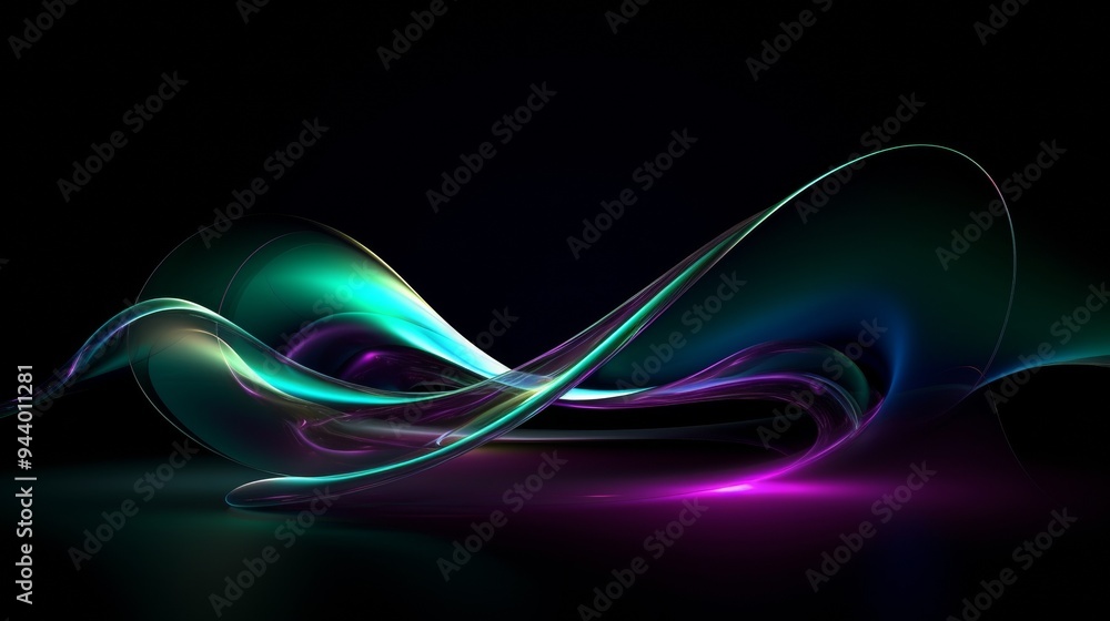Poster futuristic abstract curves with iridescent glow on dark background