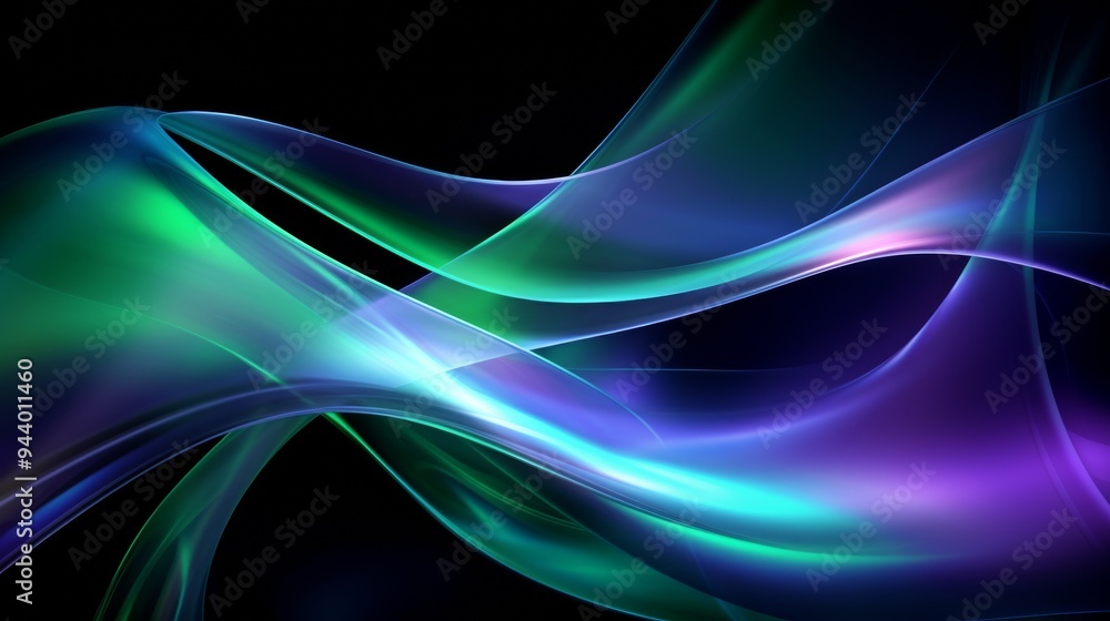 Poster Futuristic Abstract Curves with Iridescent Glow on Dark Background