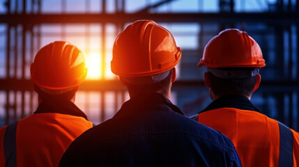 Three construction workers in bright safety gear watch the sunrise, symbolizing hope and new beginnings in their industry. Their determination reflects the spirit of teamwork and professionalism.