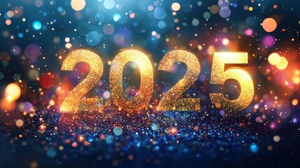 Add a Touch of Magic to Your Sports Decor: Stunning Poster of Shimmering Golden '2025' Surrounded by Colorful Bokeh Lights on a Deep Blue Background