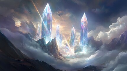 Crystal Peaks: Towering crystal peaks that pierce the heavens, with shimmering caves and ethereal light beams breaking through the clouds.
