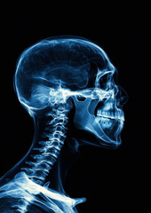 This stunning x-ray image showcases the intricate structure of the human skull and spine, highlighting bones and contours with a glowing blue effect against a dark background.