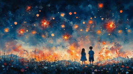 Fototapeta premium A serene scene of two children watching a colorful night sky filled with stars and lights.