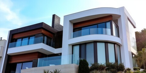 Fototapeta premium Luxurious Modern Villa Retreat: Minimalist Architectural Design in Serene Landscape. Elegant Vacation Home Concept for Stress-Free Living Away from Urban Hustle. Abstract Marketing Background with Cop