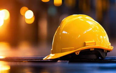 A vibrant yellow hard hat rests on a reflective surface, symbolizing workplace safety and protection in construction and industrial environments. Vital for every worker's safety gear.