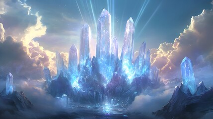Crystal Peaks: Towering crystal peaks that pierce the heavens, with shimmering caves and ethereal light beams breaking through the clouds.
