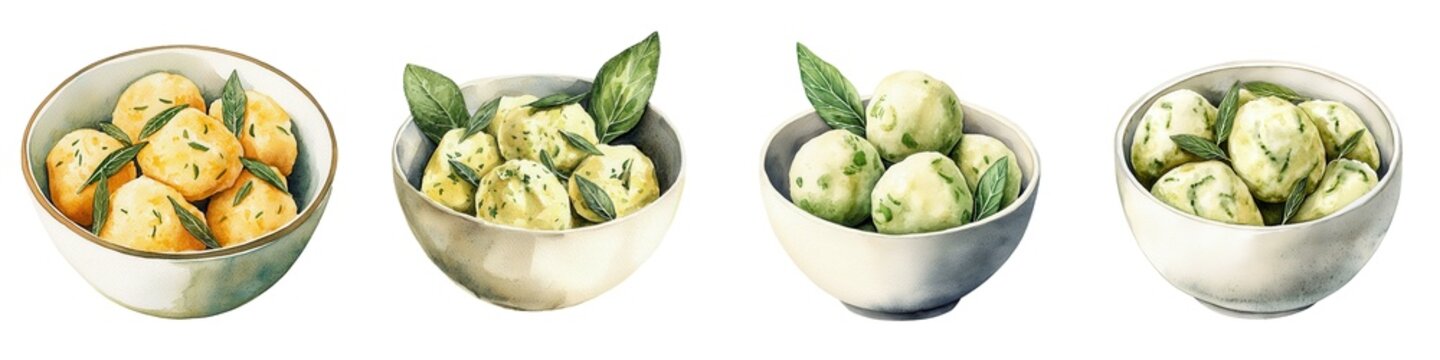 A bowl of ricotta gnudi with sage butter, Italian dumpling dish, watercolor texture, soft earthy colors, isolated on white background