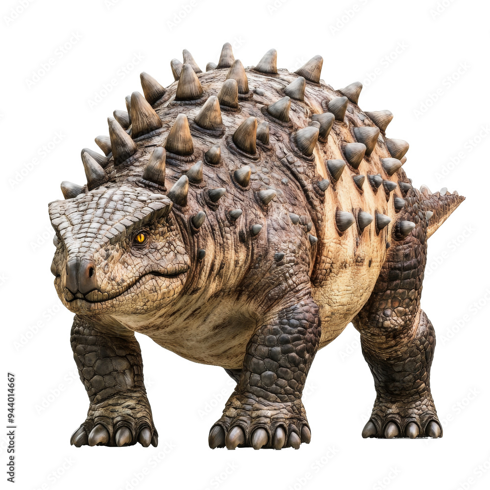 Wall mural Ankylosaurus dinosaur with spiked armor isolated on transparent background. Prehistoric predator, full body view