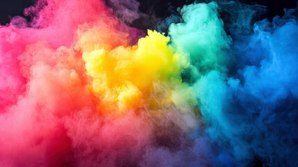 Fototapeta premium This stunning image showcases a mesmerizing blend of colorful smoke, featuring shades of pink, yellow, green, and blue, creating an abstract visual delight against a dark background.