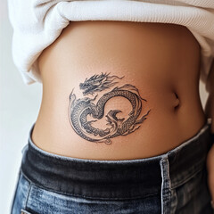 Tattoo on the stomach of a young woman. Close-up.