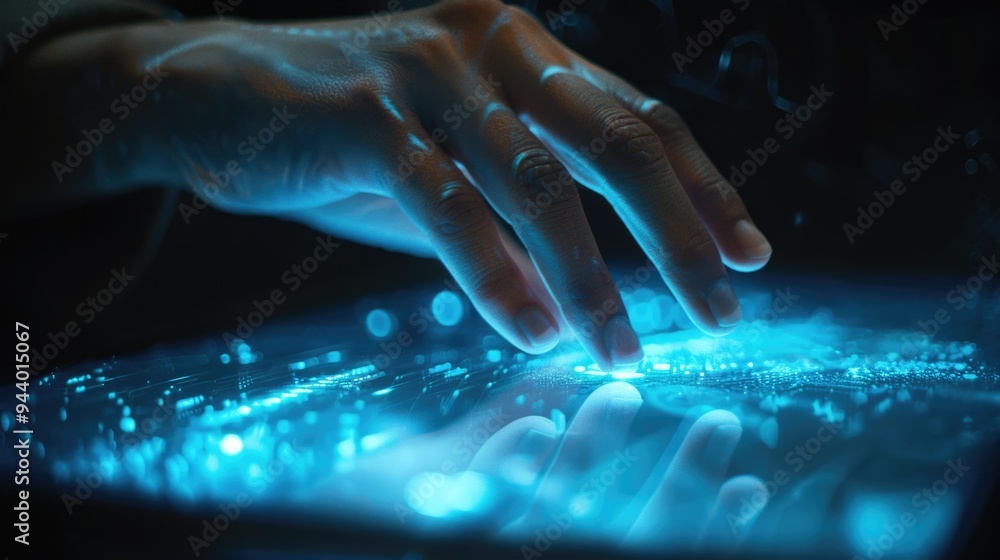 Poster close-up of a hand interacting with a touch screen device, symbolizing technology and innovation.