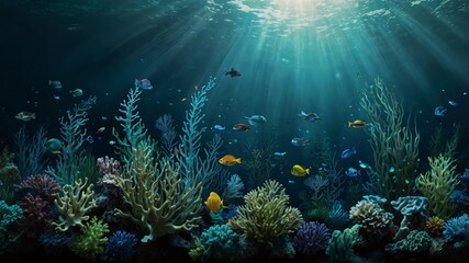 Fototapeta premium Serene Underwater Coral Scene with Rays of Sunlight and Colorful Fish