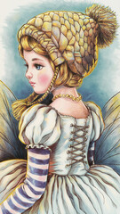 tilda doll in a knitted hat with a pompom, striped leg warmers, illustration, colored ink, gold + black outline fairy tale backlight cute beautiful