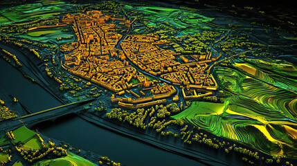 Fototapeta premium Technical aerial visual, 3D LiDAR GIS aerial map satellite scan model isolated, showing Tours, France. Elevation, topography, render
