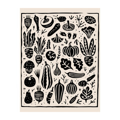 Hand drawn linocut style vegetables poster. Grunge illustration of different vegetables. Vector background