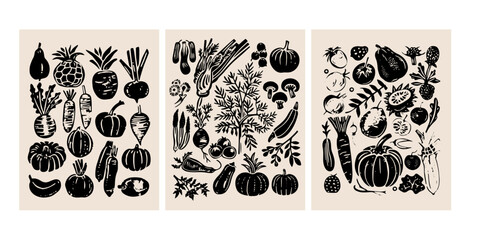 Set of Hand drawn linocut style vegetables posters. Grunge illustration of different vegetables. Vector background