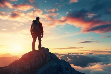 Fototapeta premium A hiker stands triumphantly on a mountain peak during sunrise, with a backpack, overlooking a vast and beautiful landscape.