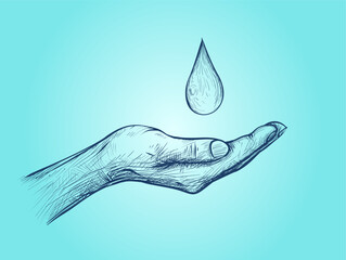 Line Drawing Vector Illustration of a Hand Saving Water Drop. Hand-Drawn Sketch of Save Water Concept on Isolated Background