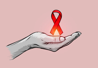 Line Drawing Vector Illustration of a Hand with red ribbon. Hand-Drawn Sketch of Blood Cancer Awareness Concept on Isolated Background