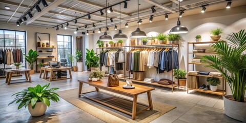 A Minimalist Clothing Store Interior with Track Lighting and Plants - Wide Shot, Full Color, Composition - Centered, Image Detail