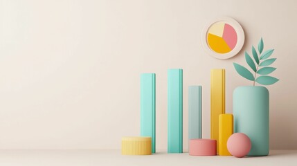 Minimalist 3D bar chart with pastel colors and a plant on a neutral background, accompanied by a pie chart, for data presentation.