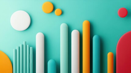 Obraz premium Abstract 3D bars and circles in vibrant colors against a teal background, symbolizing data visualization and creative design.