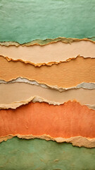 Fototapeta premium Earthy Hues Torn Paper Collage: A textured background of torn paper in warm, earthy green, orange, and cream hues. Great for eco-friendly, natural, or handcrafted themes. 