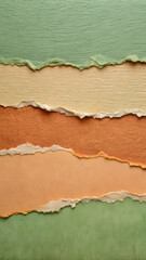 Fototapeta premium Earthy Hues Torn Paper Collage: A textured background of torn paper in warm, earthy green, orange, and cream hues. Great for eco-friendly, natural, or handcrafted themes. 