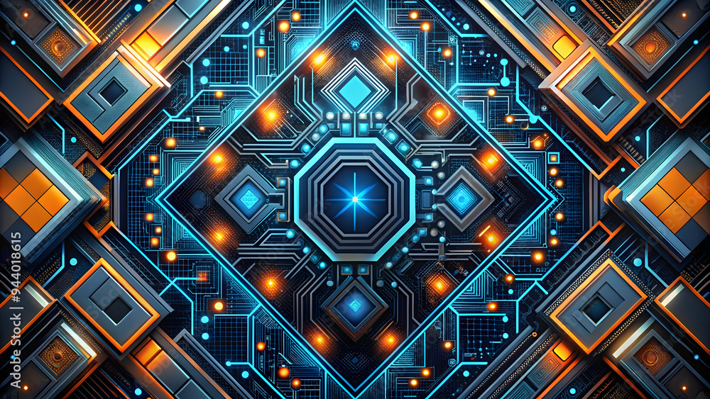 Poster cybernetic symmetry: a mesmerizing fusion of blue and orange hexagonal patterns interlock in a futur