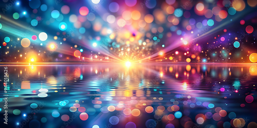 Poster reflected rainbow lights: a mesmerizing abstract of colorful bokeh lights reflected on a wet surface
