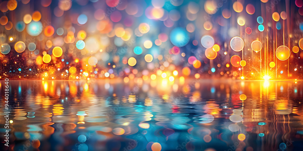 Poster reflected rainbow lights: a mesmerizing abstract of colorful bokeh lights reflected on a wet surface