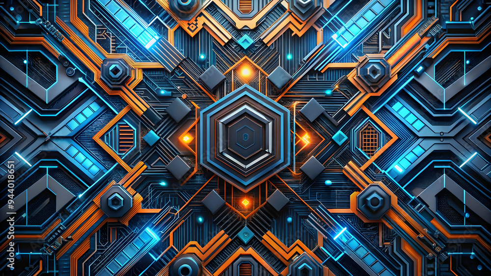 Poster cybernetic symmetry: a mesmerizing fusion of blue and orange hexagonal patterns interlock in a futur