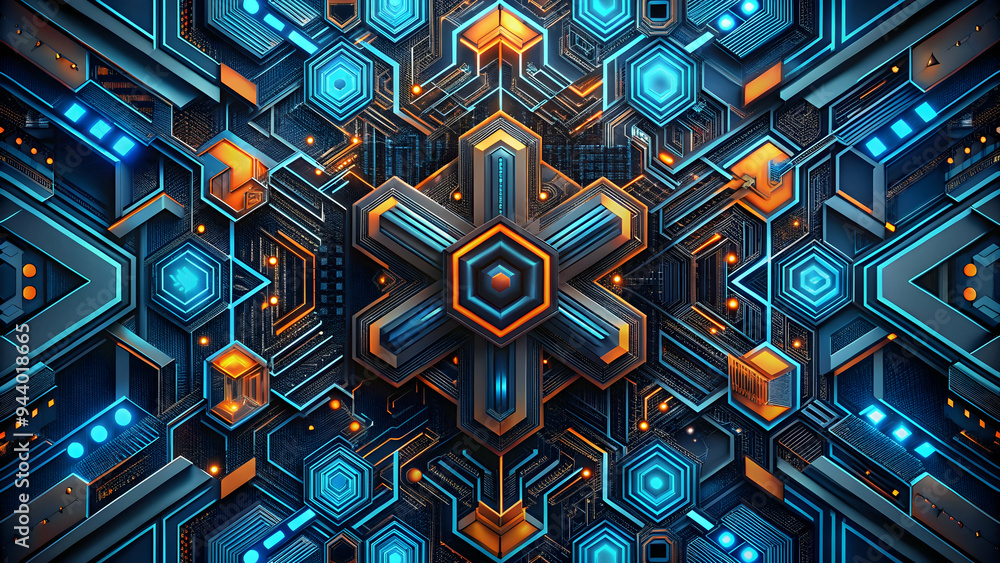 Poster cybernetic symmetry: a mesmerizing fusion of blue and orange hexagonal patterns interlock in a futur