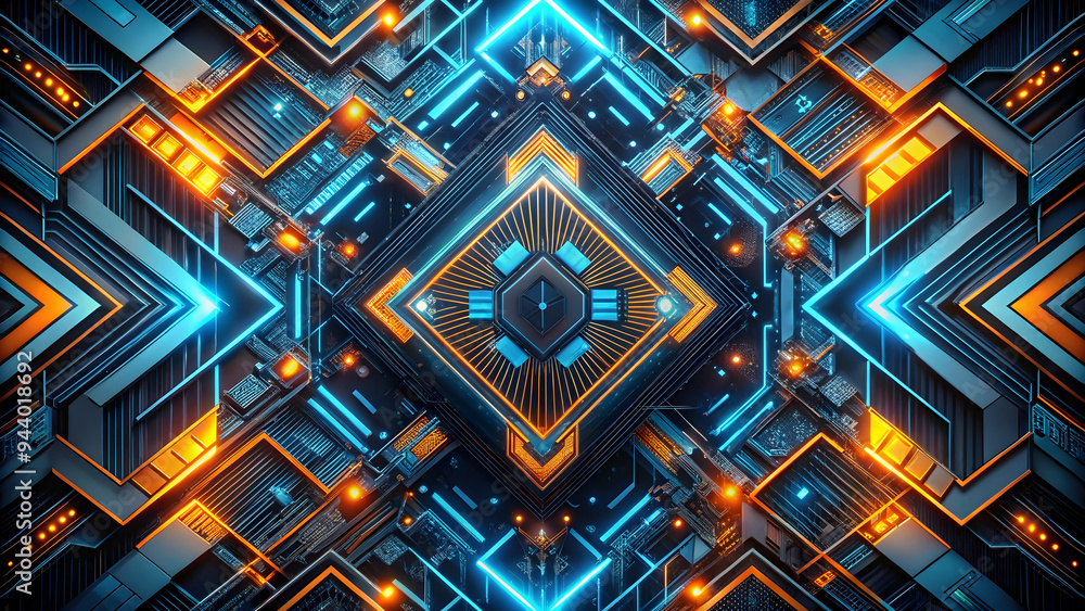Poster cybernetic symmetry: a mesmerizing fusion of blue and orange hexagonal patterns interlock in a futur