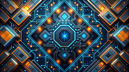 Cybernetic Symmetry: A mesmerizing fusion of blue and orange hexagonal patterns interlock in a futuristic technological tapestry.