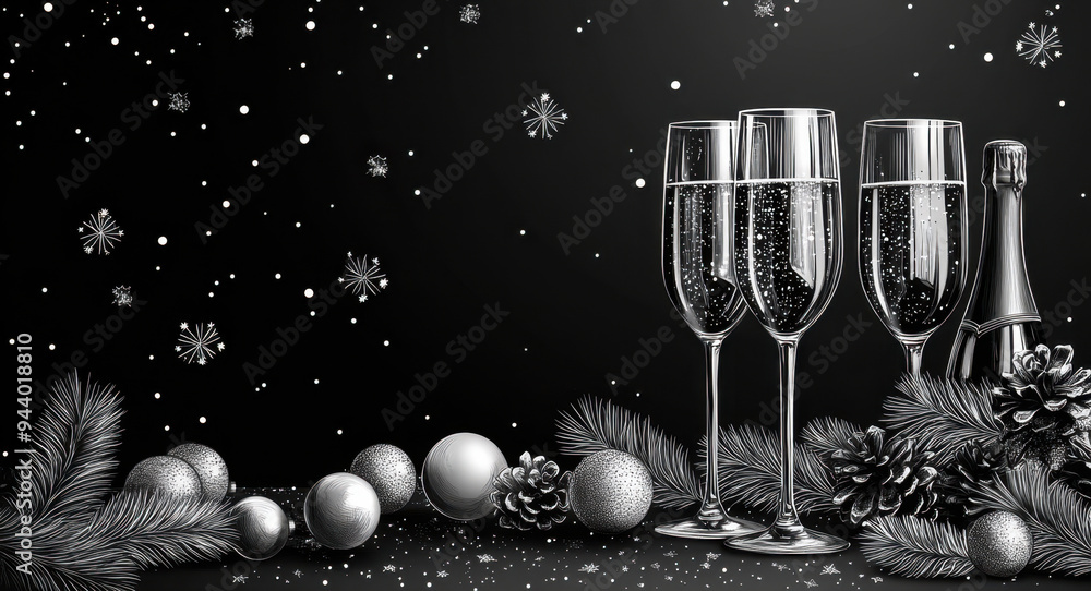 Wall mural elegant minimalist line art of a trendy new years party table with festive decor and champagne glass