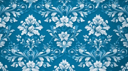 A damask pattern with ornate, floral motifs arranged in a symmetrical, repeating design