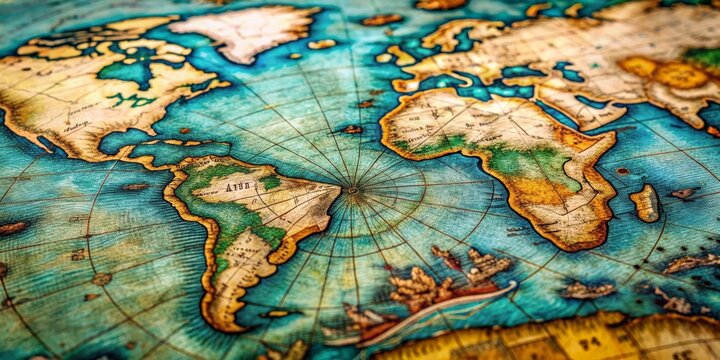 A Vintage World Map Depicting Africa and South America in Hand-Drawn Detail with Watercolor-Style Oceans