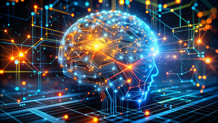 Obraz premium Digital Consciousness: A human brain rendered in intricate circuitry, illuminated by vibrant nodes of energy, symbolizes the fusion of technology and human intelligence.