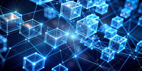 Abstract Digital Network Interconnected Glowing Cubes - 3D Rendering