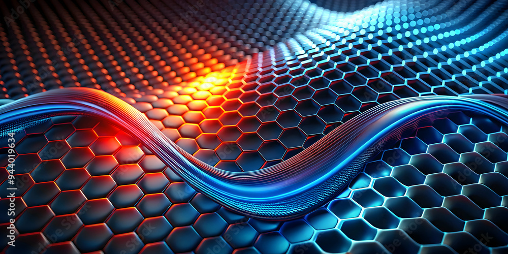 Poster abstract hexagon waves: a mesmerizing 3d render of blue and orange hexagonal patterns forming undula