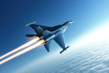 A modern jet fighter soaring through the sky at high speed, with afterburners blazing and a clear blue sky in the background