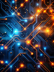 Circuitry Symphony: A mesmerizing abstract of a futuristic circuit board bathed in electric blue and orange light. A vibrant microcosm of technology and innovation. 