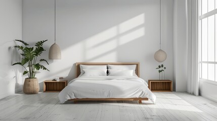 Serene Coastal Retreat: Modern Minimal Bedroom with Tranquil Decor and Luxurious Bedding