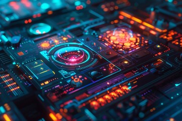 Obraz premium Futuristic digital circuit board with glowing elements, showcasing advanced technology and intricate design in vibrant colors.