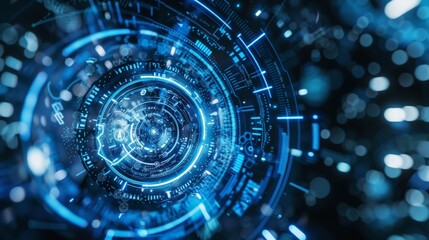Fototapeta premium Futuristic digital abstract design featuring blue glowing lines and circles, creating a sense of depth and technology.