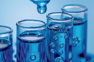 A series of four beakers filled with blue liquid