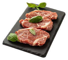 Fototapeta premium PNG Freshly cut steaks on a slate serving board